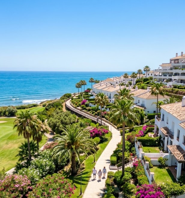 Vistas de las urbanizaciones, jardines de golf y la Senda Litoral en Riviera del Sol, Mijas, Málaga